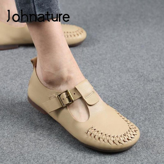 Johnature Flats Women Shoes Genuine Leather Buckle Strap Round Toe Handmade Shallow Ladies Shoes