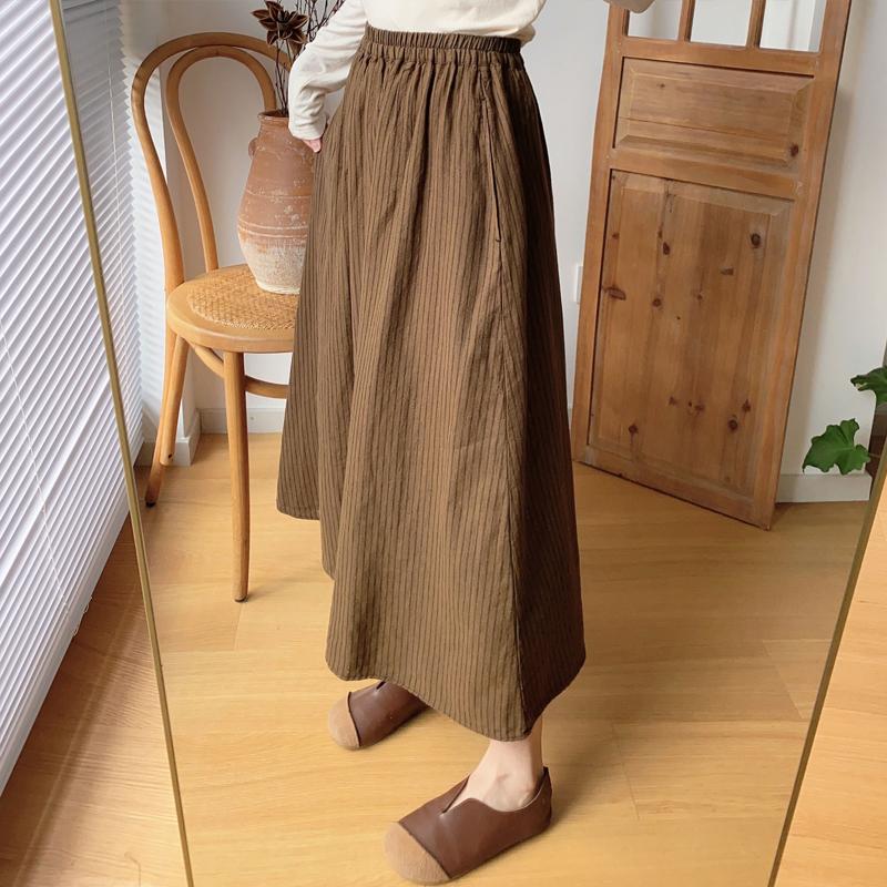 Johnature Japanese Striped Women Cotton Linen Skirts Spring Vintage All Match Elastic Waist Pockets Skirts