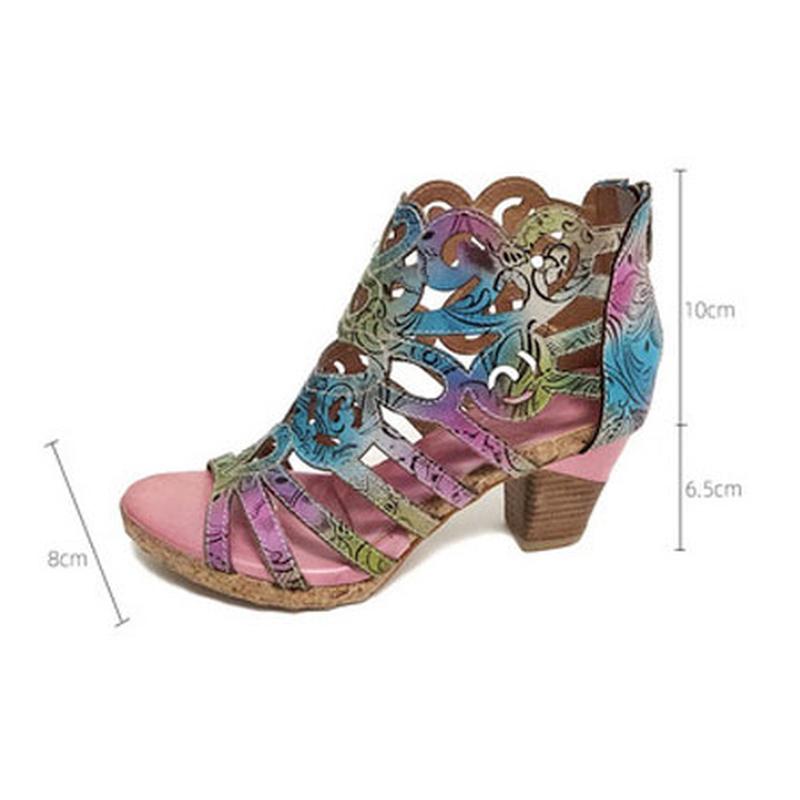 2024 New Summer Genuine Leather Women Shoes Hand-painted Retro Sewing Zip Casual Handmade Sandals