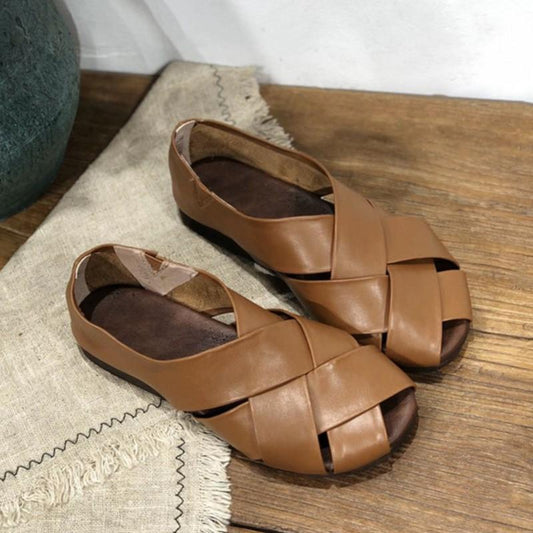 Johnature Handmade Cowhide Woven Sandals Retro Peep Toe Soft Flat Sole Genuine Leather Shallow Women Slip-on Shoes