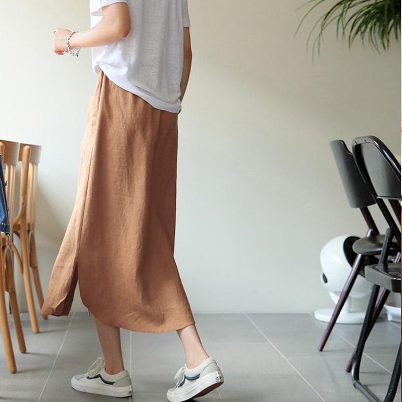 Johnature Japanese Cotton Linen Women Skirts Summer Casual Elastic Waist Button Slits Loose Button Female Skirts