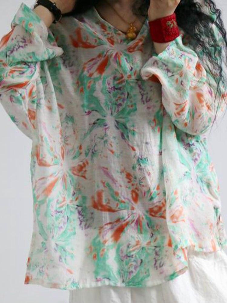 Johnature Women Thin Linen Tshirt Long Sleeve Print Floral Clothes Summer Vintage Loose Casual Tshirts