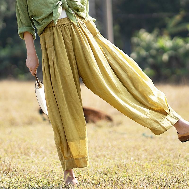 Johnature Summer Woman Linen Loose Washing Vintage Bloomers Pants Solid Color Long Sleeves Casual Pants