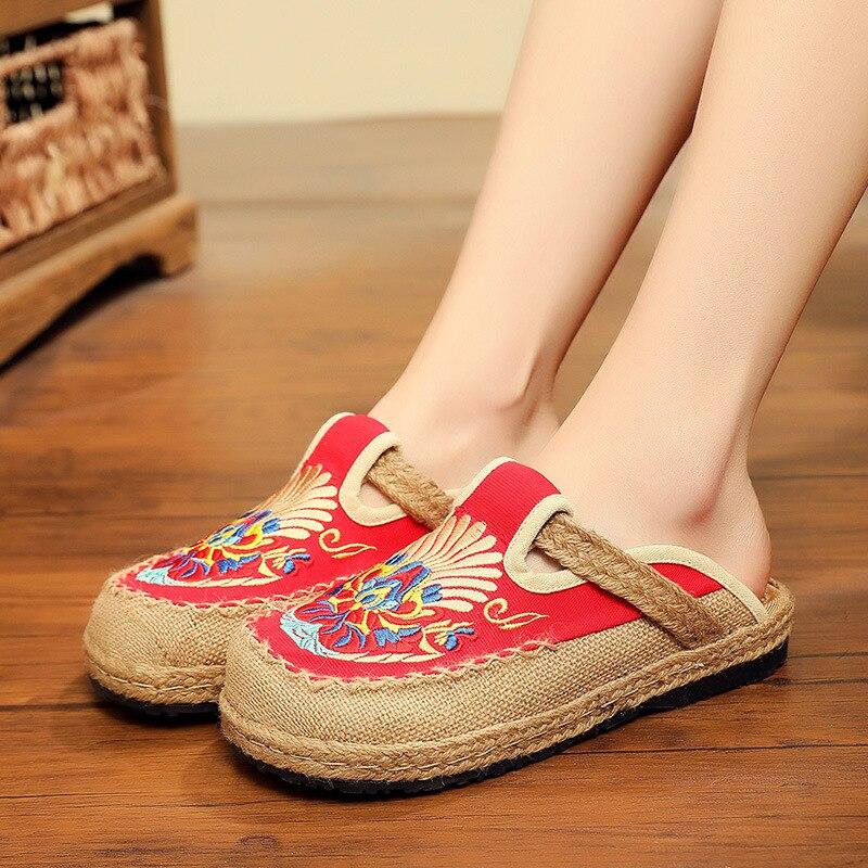 2024 New Slides Embroider Flat With Women Shoes National Style Linen Leisure Ladies Slippers