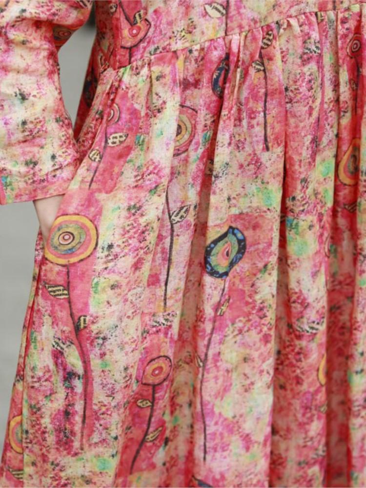 Johnature Spring Summer Comfortable Retro Plate Buckle Floral Print Pockets Dresses Simple Fashion Women Dress