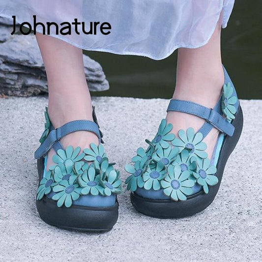 Johnature High Heels Sandals Women Shoes Genuine Leather Retro Hook & Loop Casual Platform Sandals