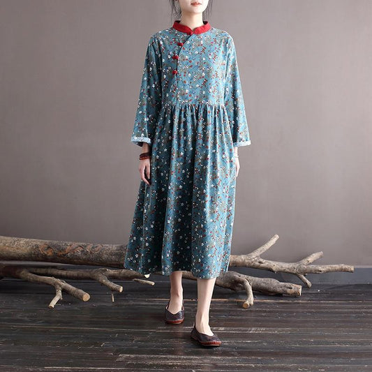 Johnature Women Vintage Loose Dresses Stand Distressed Button Long Sleeve Dress Spring Chinese Style Patchwork Clothes