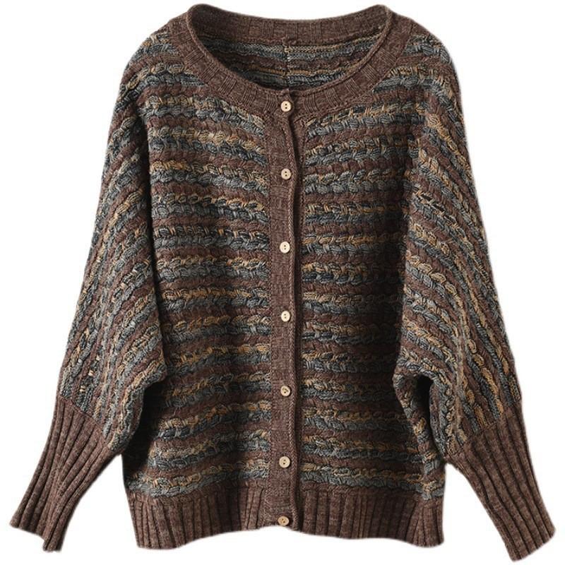 Johnature Women Vintage Striped Sweaters Cardigan O-Neck Bat Sleeve Loose Autumn Coats Cotton Knitted Sweaters