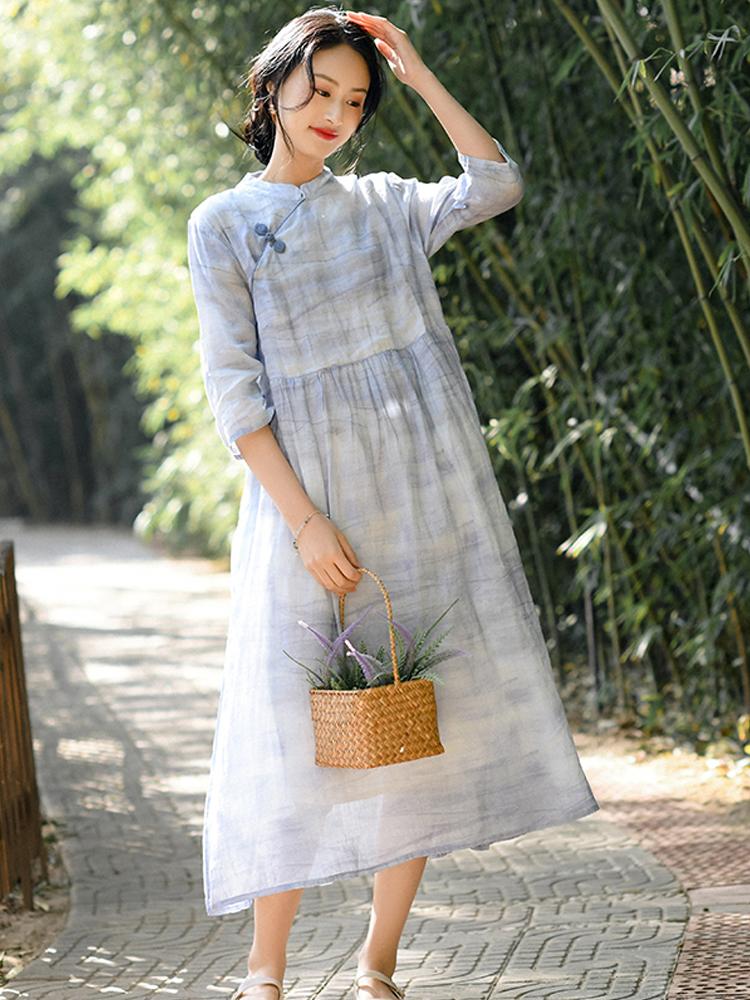 Johnature Chinese Style Women Dress Stand Button Half Sleeve Spring Vintage Women Clothes Ramie High Quality Dresses
