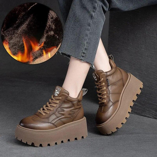 Johnature Genuine Leather Thick Sole Plush Warm Lacing Flat Platform Shoes Retro Casual Women's Short Boots
