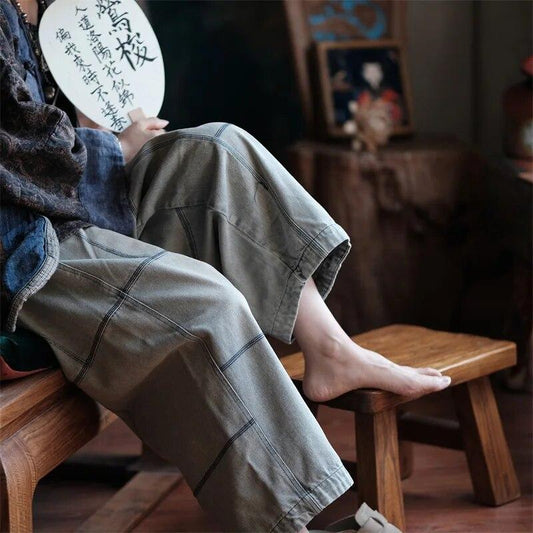 Johnature Women Vintage Patchwork Wide Leg Pants Elastic Waist Denim Cotton Autumn Trouser Loose Soft Women Pants