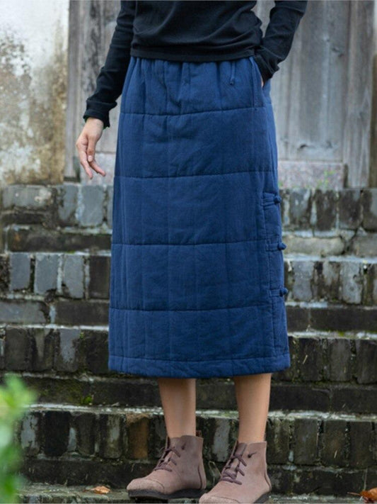 Johnature Women Vintage Cotton Linen Skirts Elastic Waist Solid Color Clothes Autumn Winter Plus Cotton Button Warm Skirts