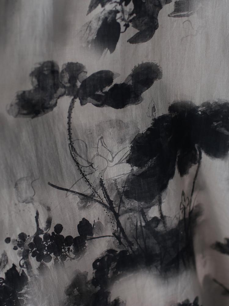 Johnature Women Chinese Style Dress Ink Painting Print Stand Short Sleeve Cheongsam Summer Linen Vintage Dress
