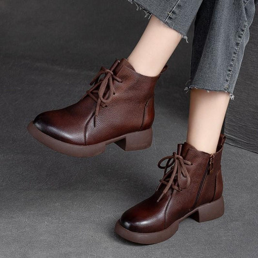 Johnature Retro Genuine Leather Women Short Boots Leisure Versatile Solid Color Round Toe Thick Heeled Shoes
