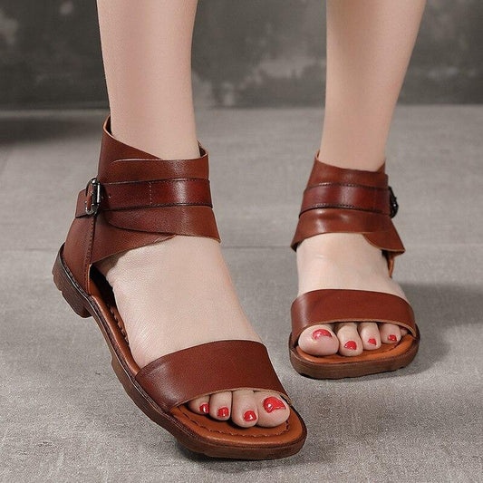 Genuine Leather Women Sandals Summer Buckle Strap Retro Flat With Casual Sewing Handmade Sandals