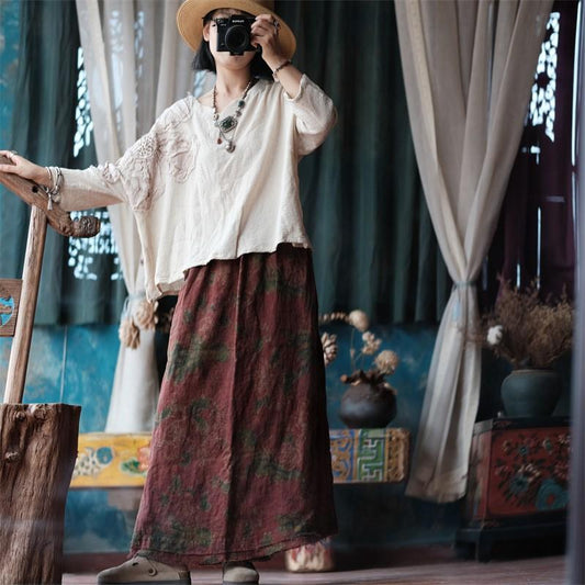 Johnature Autumn Woman Elasticated Waistband Linen Skirt Fashion Vintage Retro Print Chinese Style Skirt