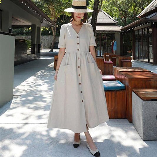Johnature Korean Loose Women Dress Summer Casual Solid Color Single Breasted Pockets Female Dresses