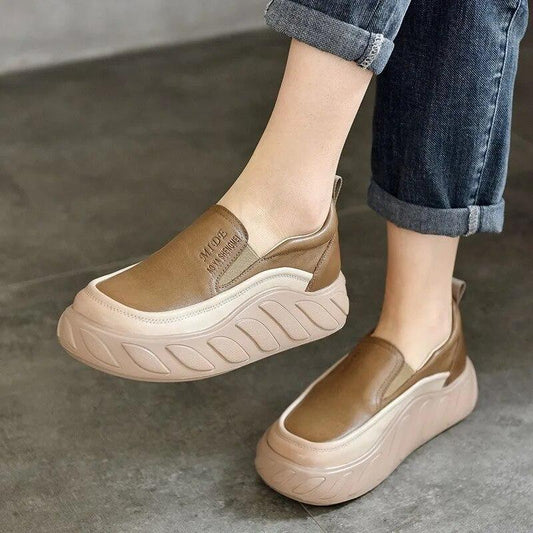 Johnature Genuine Leather Lightweight Thick Sole Shoes Round Toe Casual Women's Slip-on Flat Shoes