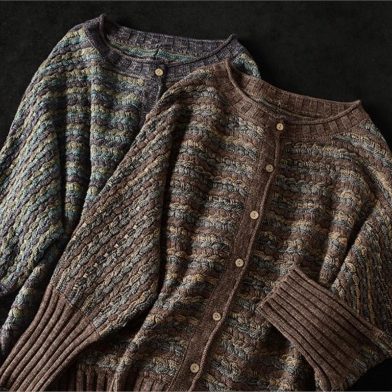 Johnature Women Vintage Striped Sweaters Cardigan O-Neck Bat Sleeve Loose Autumn Coats Cotton Knitted Sweaters