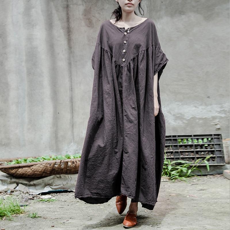 Johnature Women Summer Cotton LinenCasual Robes Size Women Vintage Dress