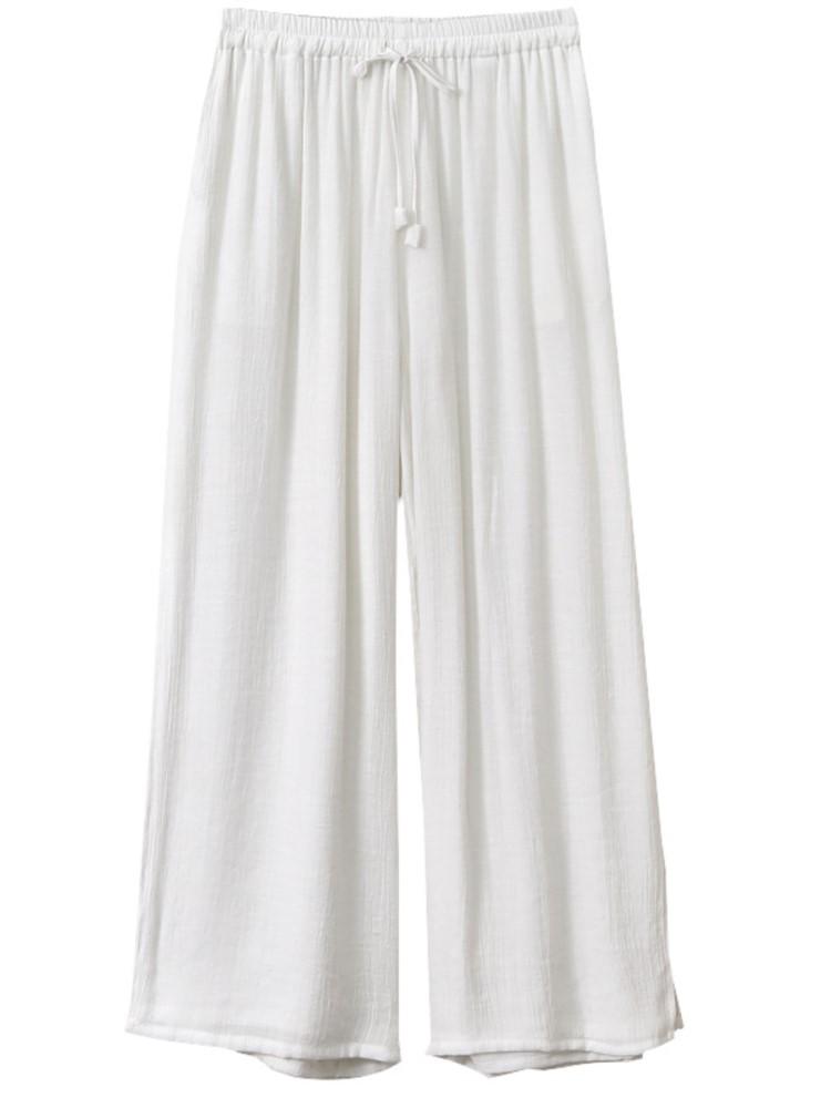Johnature Women Casual White Wide Leg Pants Elastic Waist Belt Pockets Summer Patchwork Trouser High Waist Pants