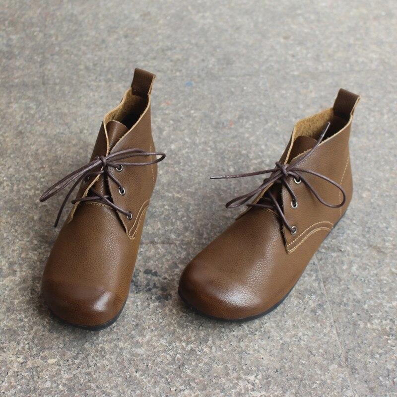 Ankle Women Boots Genuine Leather Ladies Shoes Lace-Up Handmade Sewing Round Toe Platform Boots