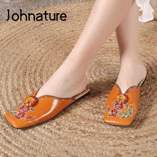 Johnature Print Slippers Women Shoes Genuine Leather Flat With Slides Sewing Handmade Slippers