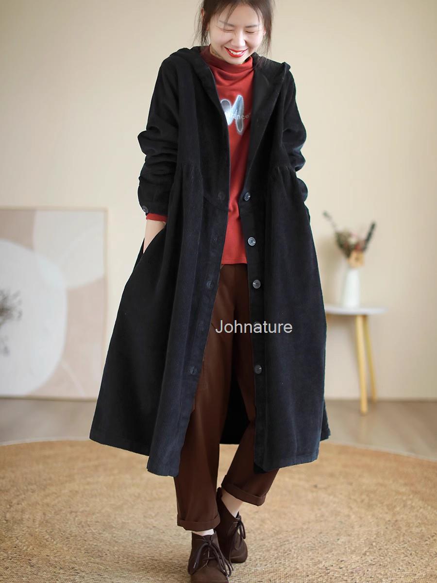 Johnature Women Vintage corduroy Hooded Trench Button Solid Color Long Sleeve Warm Coats