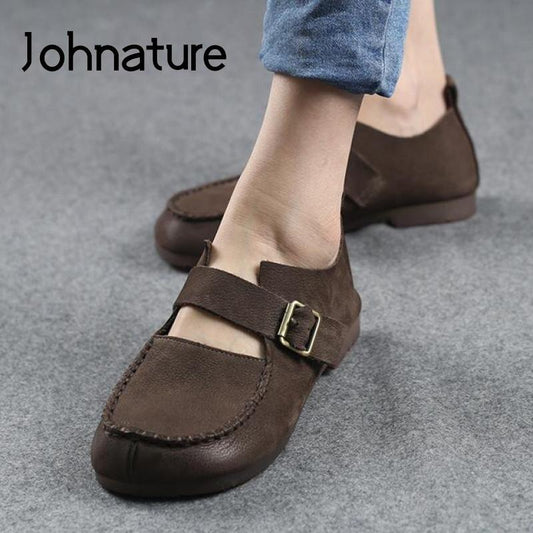 Johnature Flats Women Shoes Genuine Leather Buckle Strap Shallow Handmade Concise Ladies Shoes