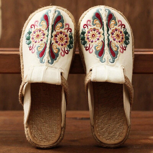 Women Slippers Summer Embroider Flat With Women Shoes Retro Flower Handmade Concise Ladies Slippers