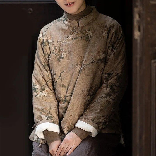 Johnature Women Chinese Style Print Floral Parkas Stand Long Sleeve Coats Winter Linen Button Belt Women Warm Parkas