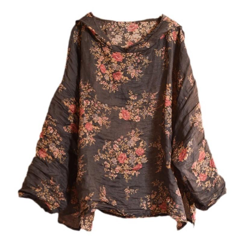 Johnature Women Vintage Print Floral T-Shirts Hooded Long Sleeve Summer Tees Loose Women High Quality T-Shirts
