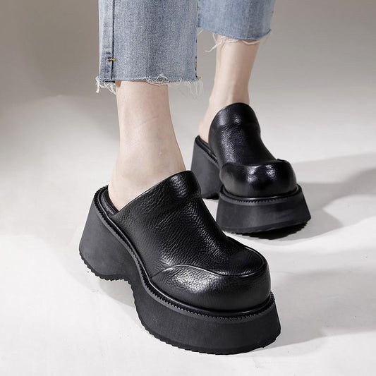 Johnature Genuine Leather Thick Soled Shoes Women Retro Fashion Round Toe Platform Slippers Outside Slides