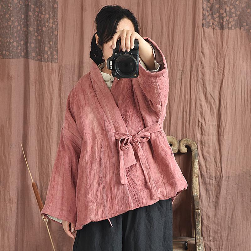 Johnature Women Chinese Style Belt Warm Parkas V-Neck Long Sleeve Coats Autumn Linen Vintage Solid Color Women Parkas