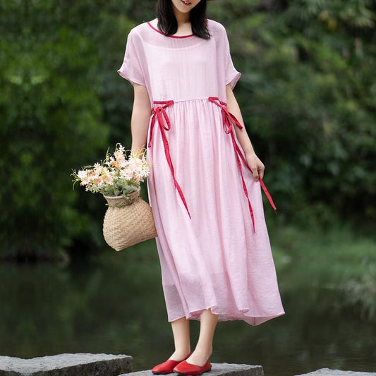 Johnature Short Sleeves Solid Color O-Neck Cotton O-Neck A Linen Dress Loose Chinese Style Vintage Contrast Frenulum Dress