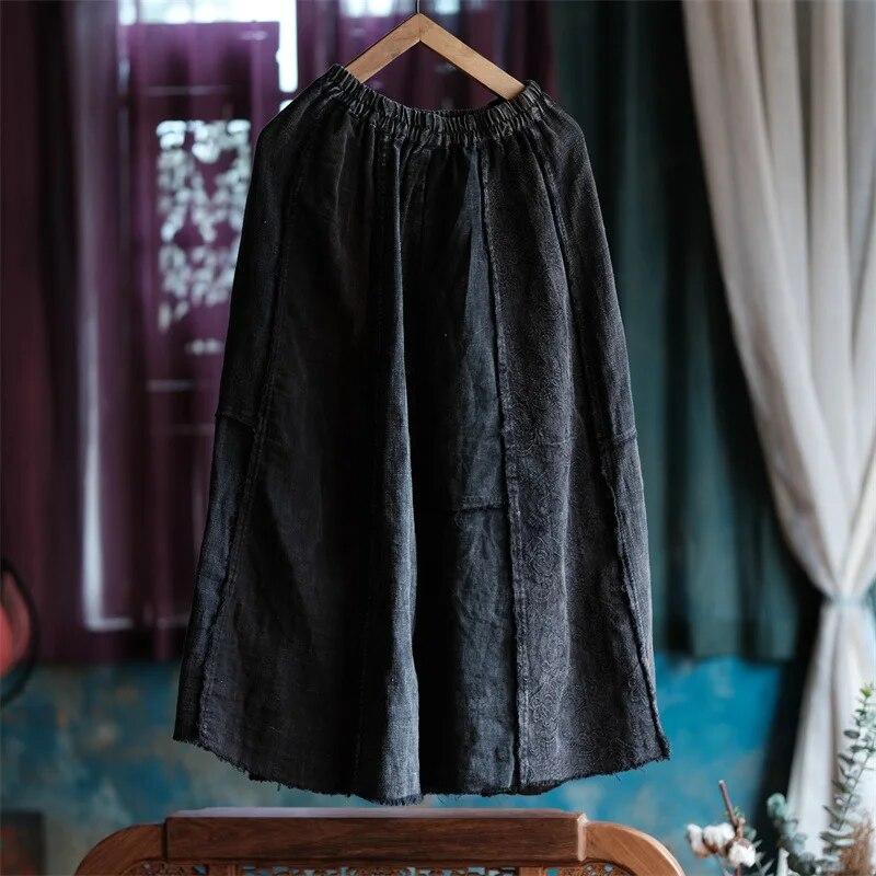 Johnature Women Black Autumn A-Line Skirts Elastic Waist Patchwork Cotton Linen Vintage Clothes Women Skirts