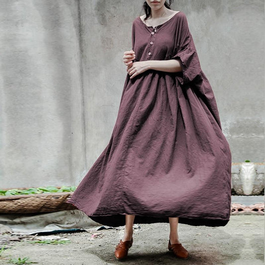 Johnature Women Summer Cotton LinenCasual Robes Size Women Vintage Dress