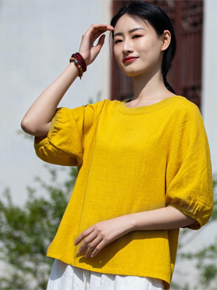 Johnature Women Solid Color Linen TShirts Tops Summer Casual Clothes Female Half Sleeve Tshirts Tees