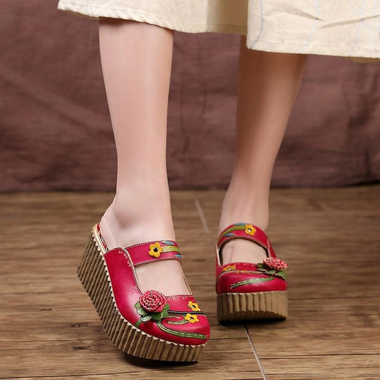 Johnature Genuine Leather Ethnic Style Platform Slippers Hand-painted Flower Outside Wedges Slides Women Shoes