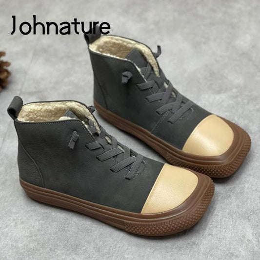 Johnature Genuine Leather Winter Boots Women Shoes Mixed Colors Elastic Band Square Toe Flat With Handmade Sewing Boots