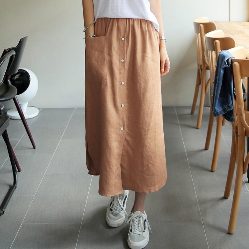 Johnature Japanese Cotton Linen Women Skirts Summer Casual Elastic Waist Button Slits Loose Button Female Skirts