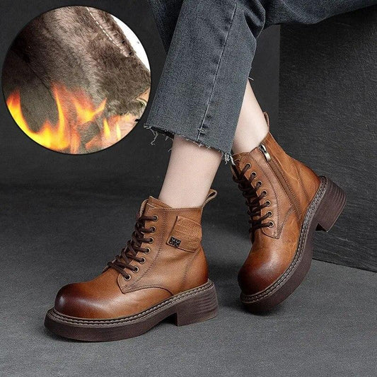 Johnature Genuine Leather Plush Warm Boots Vintage Handmade Round Toe Thick Soled Women Short Boots