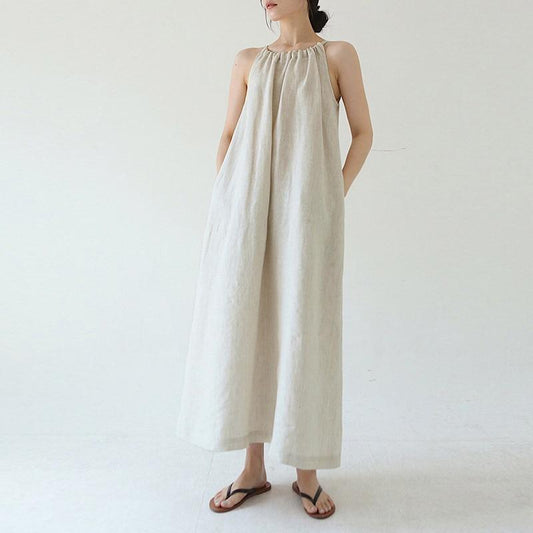 Johnature Cotton Linen Dresses Women Summer Halter Sleeveless Sexy Loose Pockets Casual Simple Female Dress