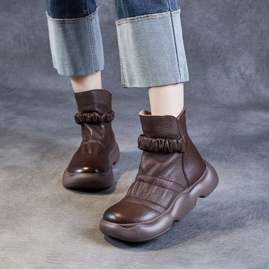 Johnature Autumn Winter Women Genuine Leather Boots Retro Thick Soles Flat Shoes Lightweight Versatile Short Boots