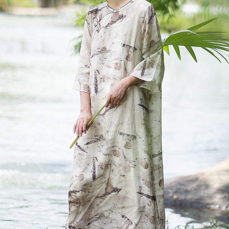 Johnature Aunutu Summer Woman Linen Hemp Buckle Chinese Style Cheongsam Flared Sleeves Loose O-Neck Print Dress
