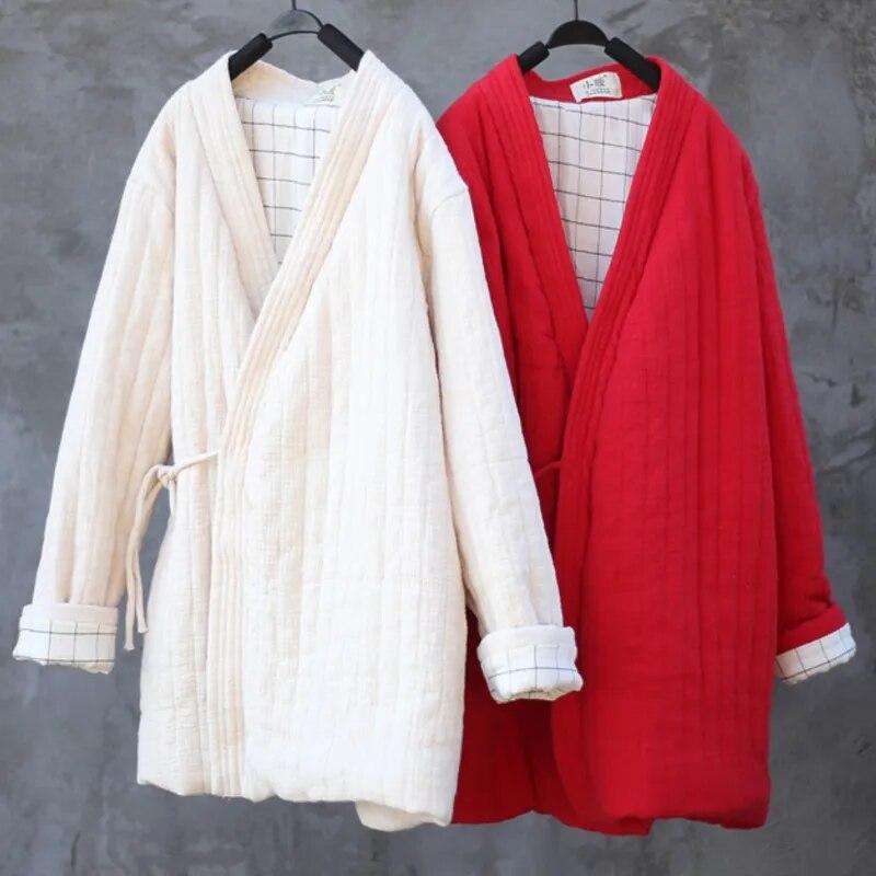 Johnature Women Chinese Style Belt Parkas V-Neck Long Sleeve Plus Cotton Coats Solid Color Clothes Winter Vintage Parkas