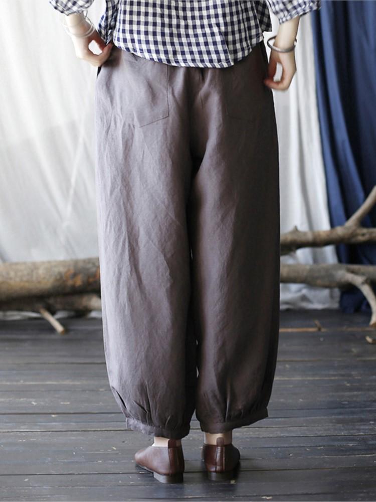 Johnature Women Casual Linen Straight Pants Solid Color Spring Trouser Loose Pockets Belt Women Clothes Vintage Pants