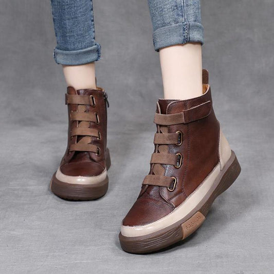Genuine Leather Ankle Shoes Women Boots Round Toe Zip Winter Sewing Leisure Handmade Platform Boots