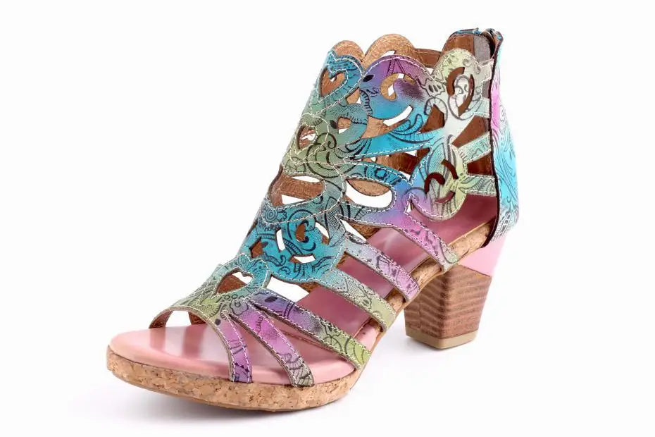 2024 New Summer Genuine Leather Women Shoes Hand-painted Retro Sewing Zip Casual Handmade Sandals