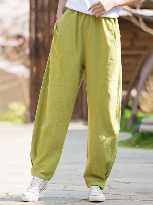 Johnature Women Vintage Linen Striped Pants Solid Color Pockets Ramie Elastic Waist Loose Trouser Spring Female Long Pants